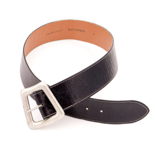 1992 Isaac Mizrahi Black Leather Belt with Abstract Silver Buckle M