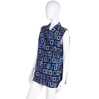 1994 Isaac Mizrahi Resort Collection Collared Sleeveless Silk Blouse w/ Square Print