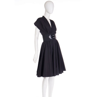 Modern Alaia Black Cotton Poplin Dress With Attached Leather Trim Buckle Belt