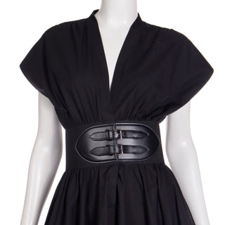 Modern Alaia Black Cotton Poplin Dress With Attached Leather Trim Buckle Belt