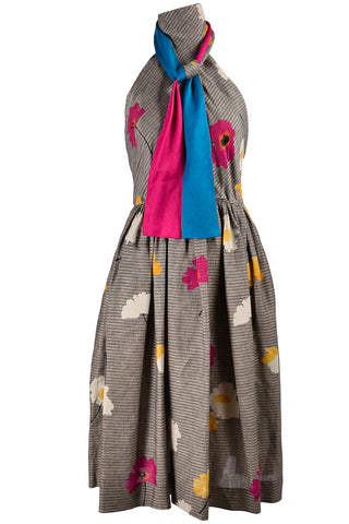 1970s Albert Nipon Vintage Halter Dress in Floral Linen Blend