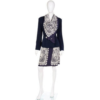 1980s Albert Nipon Navy Blue & White Scarf Print Skirt Jacket & Silk Scarf Suit 3 pc