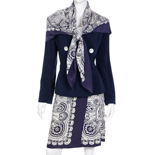 1980s Albert Nipon Navy Blue & White Scarf Print Skirt Jacket & Silk Scarf Suit Vintage 3 pc set