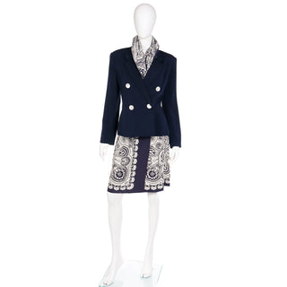 3pc 1980s Albert Nipon Navy Blue & White Scarf Print Skirt Jacket & Silk Scarf Suit
