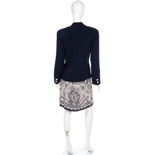Vintage 1980s Albert Nipon Navy Blue & White Scarf Print Skirt Jacket & Silk Scarf Suit