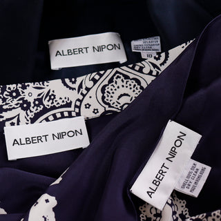1980s Albert Nipon Navy Blue & White Scarf Print Skirt Jacket & Silk Scarf Suit Made in Hong Kong