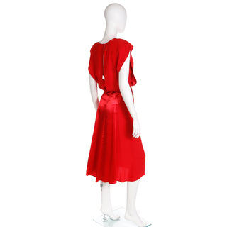 1990s Albert Nipon Red Matte Crepe & Satin Crepe Dress W Back Slit