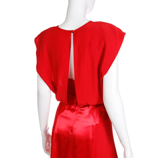 Vintage 1990s Albert Nipon Red Matte & Satin Crepe Dress W Back Slit
