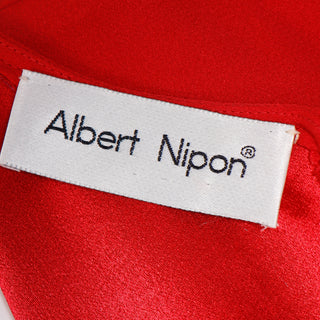 1990s Albert Nipon Red Matte Crepe & Satin Dress W Back Slit Pearl Nipon