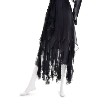 1990s Alberto Makali Vintage Sheer Black 2Pc Evening Dress  with ruffles size 40