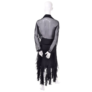 1990s Alberto Makali Vintage Sheer Black 2Pc Evening Dress  with ruffled panels