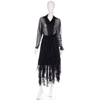1990s Alberto Makali Vintage Sheer Black 2Pc Evening Dress  with fringed panels
