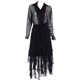 1990s Alberto Makali Vintage Sheer Black 2Pc Ruffled Evening Dress  size Medium 