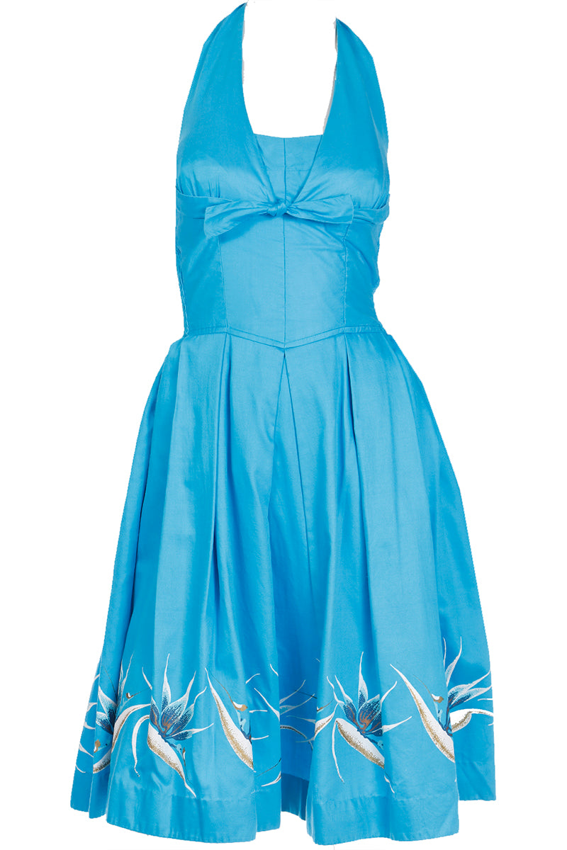 1950s Alfred Shaheen Blue Halter Dress w Birds of Paradise Flowers Modig 1950s Alfred Shaheen Blue Halter Dress w Birds of Paradise Flowers Modig