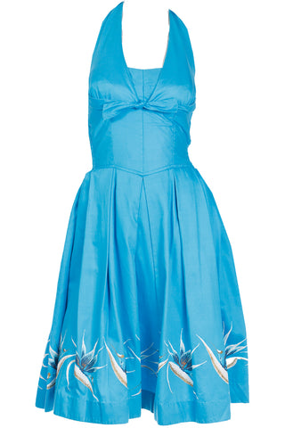 1950s Alfred Shaheen Blue Halter Dress w Birds of Paradise
