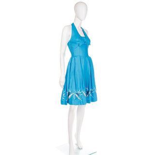 1950s Alfred Shaheen Blue Halter Dress w Birds of Paradise and shirring