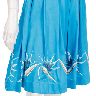 1950s Alfred Shaheen Blue Halter Dress w Birds of Paradise Tropical Flowers