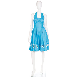 1950s Alfred Shaheen Blue Halter Dress w Birds of Paradise s