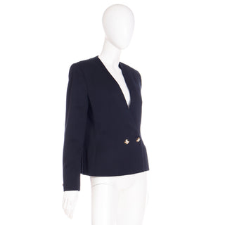 Vintage 1980s Anne Klein Fitted Waist Black Wool Cropped Jacket Adjustable Size