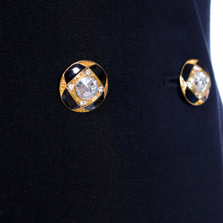 1980s Anne Klein Fitted Waist Black Wool Cropped Jacket with Gold Enamel Crystal Buttons in Adjustable Size
