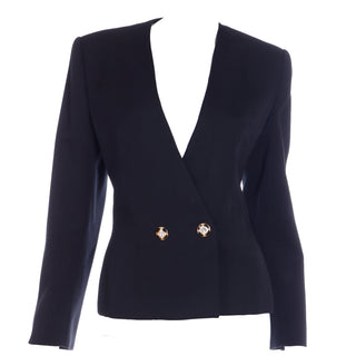 Vintage 1980s Anne Klein Fitted Waist Black Wool Cropped Jacket Adjustable Size M/L