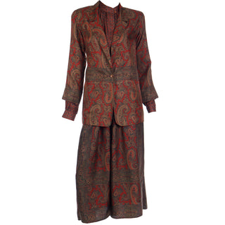 Donna Karan 1970s Anne Klein Paisley Print Silk 3 Pc Skirt Blouse & Jacket Outfit