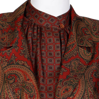 1970s Anne Klein Paisley & Geometric Print Silk 3 Pc Skirt Blouse & Jacket Outfit