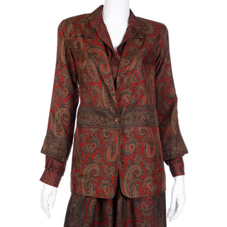 1970s Anne Klein Paisley Print Silk 3 Pc Skirt Blouse & Jacket Outfit Suit