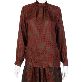 Vintage 1970s Anne Klein Paisley Print Silk 3 Pc Skirt Blouse & Jacket Suit Outfit