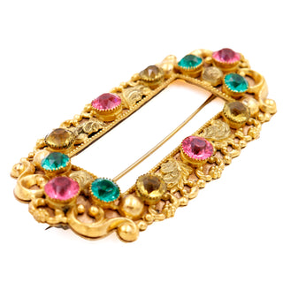 Vintage Victorian Gold Repousse Brooch Sash Pin With Colored Rhinestones