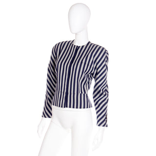 Vintage 1990s Giorgio Armani Deadstock Navy Blue & White Striped Cropped Jacket
