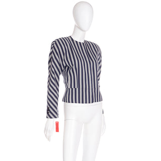 Vintage 1990s Giorgio Armani Deadstock Navy Blue & White Striped Cropped Jacket w Tag