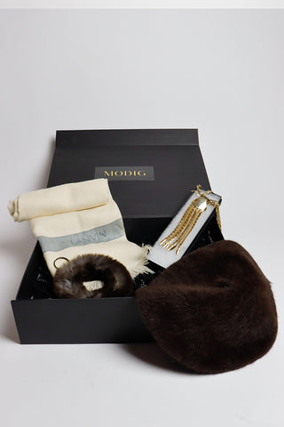 Aspen vintage gift set for her with angora beret, mink keychain, Lanvin Cashmere scarf and gold bolo style necklace