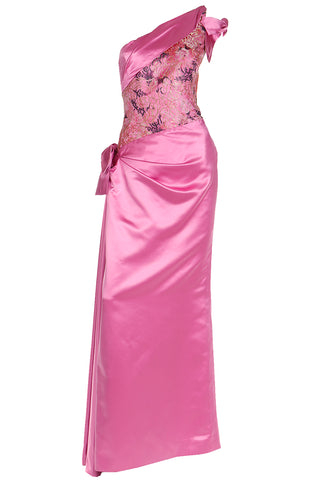 1990s Bellville Sassoon One Shoulder Pink Satin Evening Dress W Shawl Wrap
