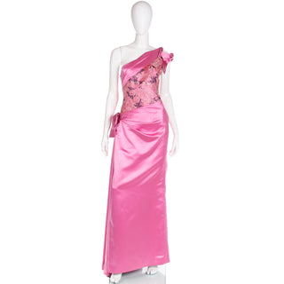 1990s Bellville Sassoon One Shoulder Pink Satin Evening Dress W Shawl Wrap & Bow