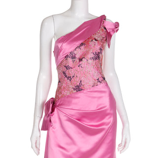 1990s Bellville Sassoon One Shoulder Pink Satin Evening Dress W Shawl Wrap England