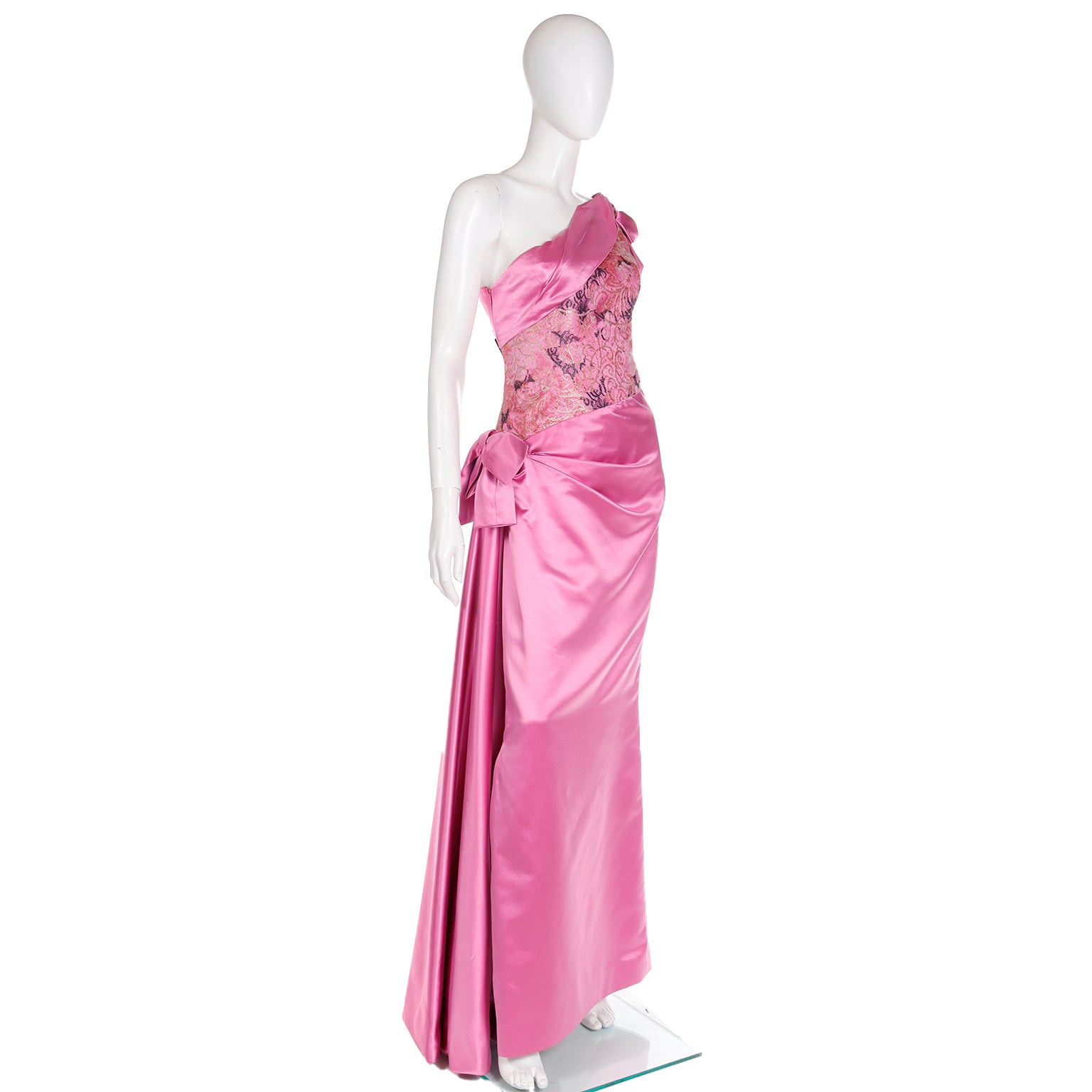 Bellville Sassoon One Shoulder Pink Satin 1990s Evening Dress W Wrap Modig Bellville Sassoon One Shoulder Pink Satin 1990s Evening Dress W Wrap Modig