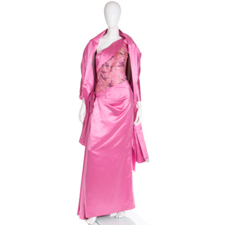 1990s Bellville Sassoon One Shoulder Pink Satin Draped Evening Dress W Shawl Wrap