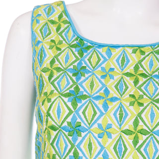 1960s Bill Atkinson Glen of Michigan Cotton Embroidered Vintage Green & Blue Dress