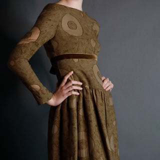 1970s Bill Blass Vintage Brown Circle Print Silk Long Dress w/ Velvet Ribbon