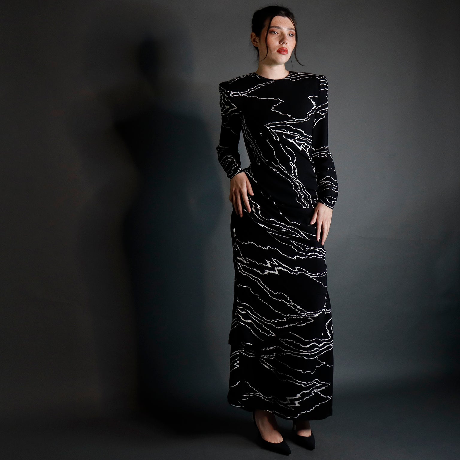 1985 Bill Blass Full Length Vintage Black Dress w/ White Abstract Print 1985 Bill Blass Full Length Vintage Black Dress w/ White Abstract Print