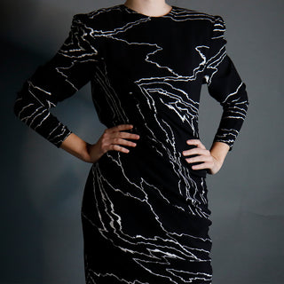1985 Bill Blass Full Length Vintage Black Dress w/ White Abstract Print