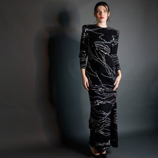 1985 Bill Blass Full Length Vintage Black Dress w/ White Abstract Print