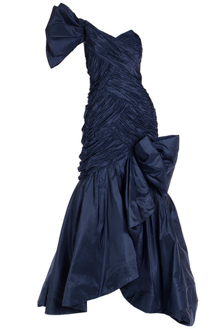 Scaasi Boutique 1980s Blue Taffeta One Shoulder Pleated Evening Dress