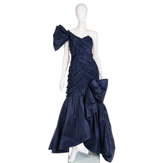 1980s Scaasi Dramatic Pleated Vintage Blue Taffeta Dress Evening Gown W Bows