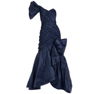 1980s Scaasi Dramatic Pleated Vintage Blue Taffeta Dress W Bows