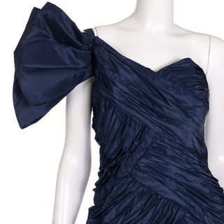 1980s Scaasi Dramatic Pleated Vintage Blue Taffeta Dress W Bows and Sweetheart neckline