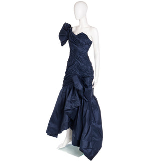 1980s Scaasi Dramatic Pleated Vintage Blue Taffeta Dress W Bows & One Shoulder