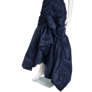 1980s Scaasi Dramatic Pleated Vintage Dark Blue Taffeta Designer Dress W Bows