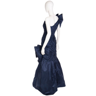 1980s Scaasi Dramatic Pleated Vintage Dramatic Blue Taffeta Dress W Bows